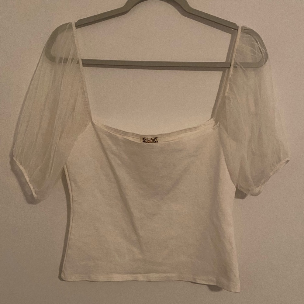 Free People White Sheer Sleeve Blouse medium